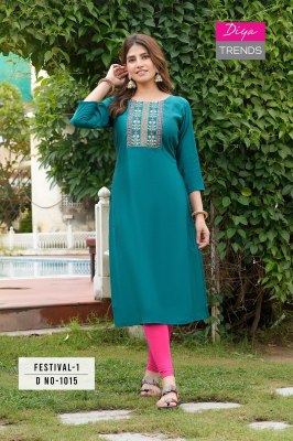 Festival vol 1 by Diya Trends roman silk fancy embroidered kurti catalogue at low rate kurtis catalogs