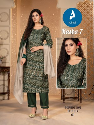 Kasba by Kaya chanderi modal printed modal foil printed kurti pant and dupatta catalogue readymade suit catalogs