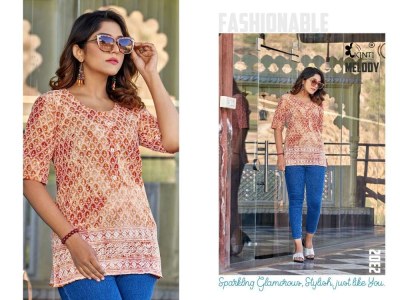 kinti presents melody  Luckhnawi Work printed short top tunic western top collection wholesale rate kurtis catalogs