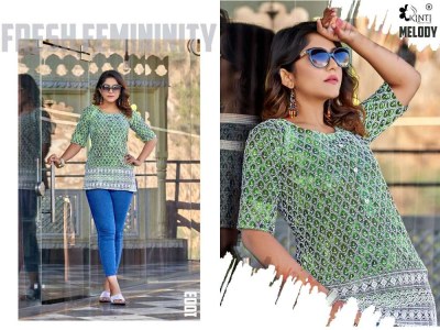 kinti presents melody  Luckhnawi Work printed short top tunic western top collection wholesale rate kurtis catalogs