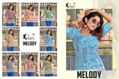 kinti presents melody  Luckhnawi Work printed short top tunic western top collection wholesale rate kurtis catalogs