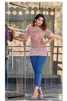 kinti presents melody  Luckhnawi Work printed short top tunic western top collection wholesale rate kurtis catalogs