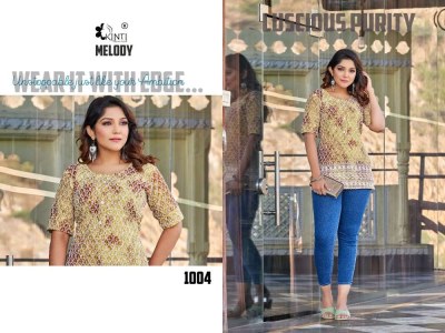 kinti presents melody  Luckhnawi Work printed short top tunic western top collection wholesale rate kurtis catalogs