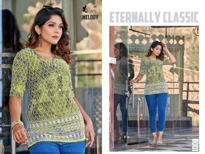 kinti presents melody  Luckhnawi Work printed short top tunic western top collection wholesale rate kurtis catalogs