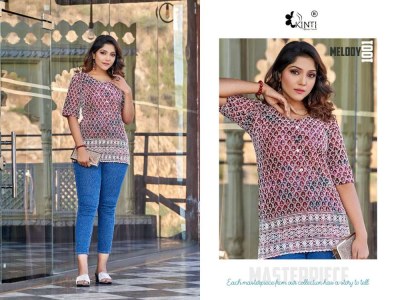 kinti presents melody  Luckhnawi Work printed short top tunic western top collection wholesale rate kurtis catalogs