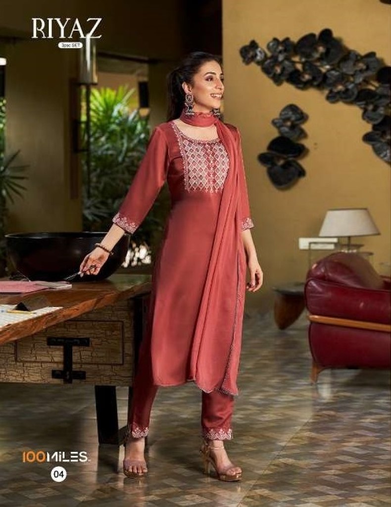 100 Miles Riyaz 3 pcs Readymade set Kurti catalogue wholesale