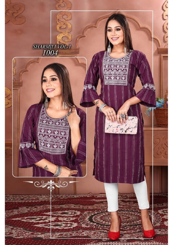 Sharmili vol 1 newly lunch fancy neck sluize sequence work kurti catalog at  affordable price