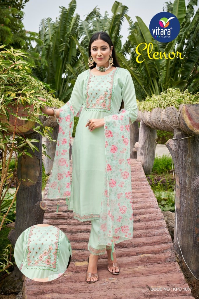 pic and choose by elenor viscos fabric with embrodry handwork kurti pant  and dupatta catlogue at wholesale rate