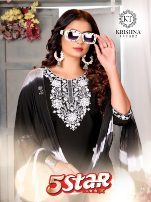 5 Star vol 1 by Krishna Trendz Reyon Neck embroidered Kurti pant and dupatta catalogue at affordable rate Krishna Trendz