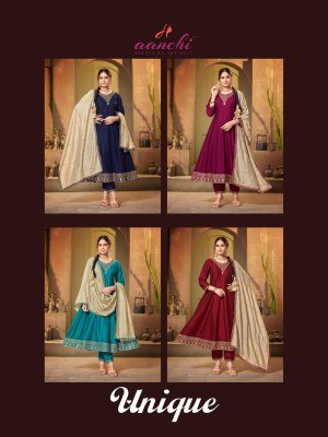 AANCHI Vichitra Silk 3 PCS Suit Set Flair Concept with Fancy Dupatta and Wholesale readymade fashion kurtu pant with dupatta kurtis catalogs