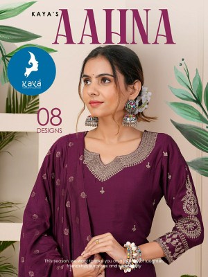 Aahana by Kaya straight cut roman silk embroidered readymade suit catalogue at affordable rate Kaya kurti