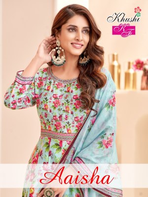 Aaisha by Khushi fashion printed anarkali fancy kurta pant and dupatta catalogue at affordable rate Khushi fashion