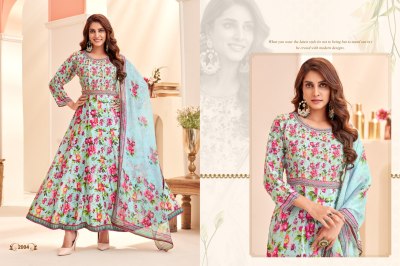 Aaisha by Khushi fashion printed anarkali fancy kurta pant and dupatta catalogue at affordable rate readymade suit catalogs