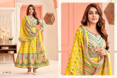 Aaisha by Khushi fashion printed anarkali fancy kurta pant and dupatta catalogue at affordable rate readymade suit catalogs