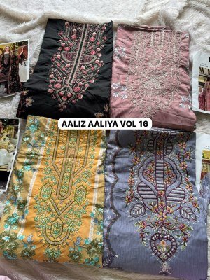 Aaliz Prints Aaliya Embroidery Collection Vol 16 Unstitched Cotton Suit Set with Digital Style Print Embroidered Neck Work Cotton Bottom Cotton Mal Du dress material catalogs