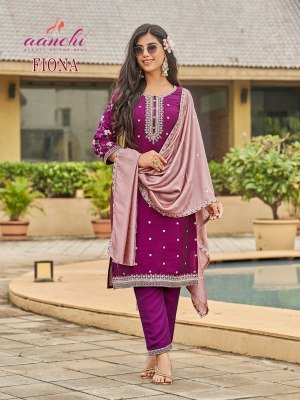 Aanchi Fiona 3 Pc Straight Set Vichitra Silk Kurti Pant Dupatta with Sleeves And Fancy Contrast Work Wholesale kurti pant with dupatta Catalogs