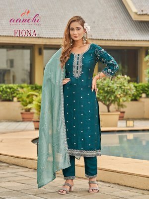 Aanchi Fiona 3 Pc Straight Set Vichitra Silk Kurti Pant Dupatta with Sleeves And Fancy Contrast Work Wholesale kurti pant with dupatta Catalogs