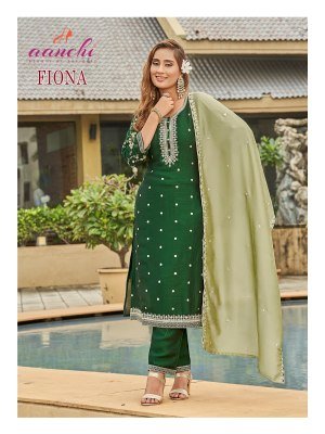 Aanchi Fiona 3 Pc Straight Set Vichitra Silk Kurti Pant Dupatta with Sleeves And Fancy Contrast Work Wholesale kurti pant with dupatta Catalogs