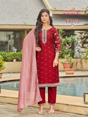 Aanchi Fiona 3 Pc Straight Set Vichitra Silk Kurti Pant Dupatta with Sleeves And Fancy Contrast Work Wholesale kurti pant with dupatta Catalogs