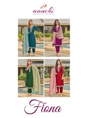Aanchi Fiona 3 Pc Straight Set Vichitra Silk Kurti Pant Dupatta with Sleeves And Fancy Contrast Work Wholesale kurti pant with dupatta Catalogs