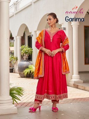 Aanchi Garima Flair Style 3 Piece Vichitra Silk Set Wholesale Ethnic Wear kurti pant with dupatta Catalogs