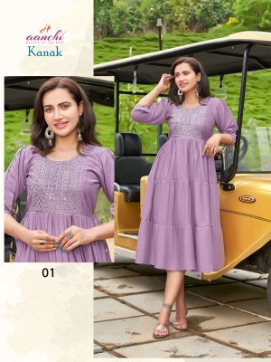Aanchi Kanak Collection Roman Silk Flair Kurti with Embroidery Work Wholesale  kurtis catalogs