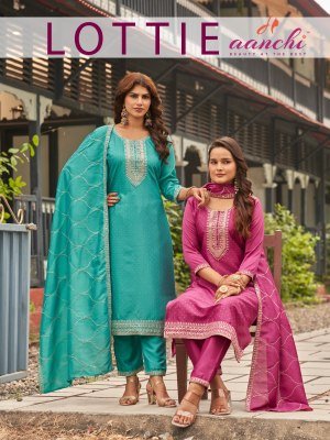 Aanchi Lottie 3 Piece Set Crystal Silk Straight Kurti Pant Matching Fancy Dupatta Wholesale Aanchi 