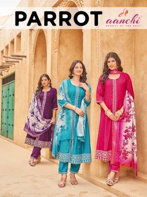 Aanchi Parrot Flair Collection Vatican Kurti  Bottom And Digital Print Dupatta Wholesale Aanchi 
