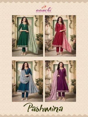 Aanchi Pashmina 3 Piece Set Vichitra Silk Top Bottom And Fancy Contrast Dupatta Ethnic Flair Collection Wholesale  kurti pant with dupatta Catalogs