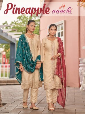 Aanchi Pineapple 3 Piece Set Vichitra Silk Straight Kurti Catalogs  with Fancy Contrast Dupatta Wholesale Aanchi 