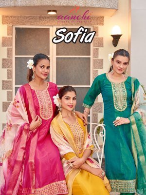 Aanchi Sofia 3 Pcs Set Flair Concept Pure Shimmer Kurti with Fancy Digital Dupatta Wholesale Ethnic Wear kurti pant with dupatta Catalogs
