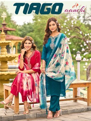 Aanchi Tiago 3 Pcs Set Kurti Straight Concept Fancy Santoon Digital Print Wholesale kurti pant with dupatta Catalogs