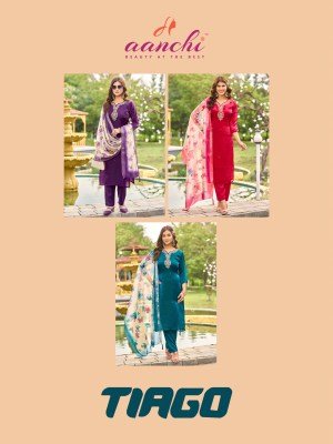 Aanchi Tiago 3 Pcs Set Kurti Straight Concept Fancy Santoon Digital Print Wholesale kurti pant with dupatta Catalogs