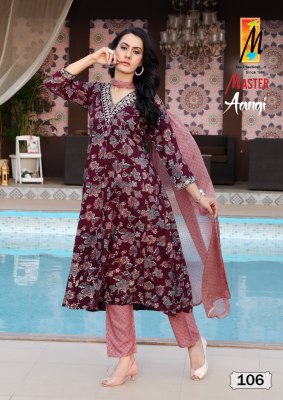 Aangi by Master reyon foil printed with pocket kurti pant and dupatta catalogue at low rate readymade suit catalogs