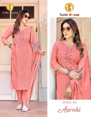 Aarohi by Tunic house Cotton Nazmin digital printed kurti pant and dupatta catalogue readymade suit catalogs