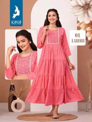 Aarohi by kaya reyon printed long triple layer kurti catalogue at low rate Kaya kurti