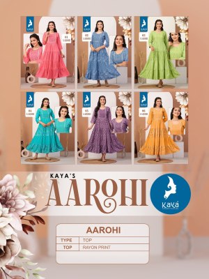 Aarohi by kaya reyon printed long triple layer kurti catalogue at low rate kurtis catalogs