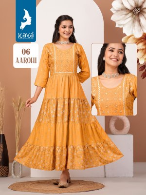 Aarohi by kaya reyon printed long triple layer kurti catalogue at low rate kurtis catalogs