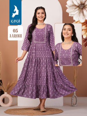 Aarohi by kaya reyon printed long triple layer kurti catalogue at low rate kurtis catalogs