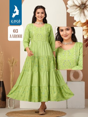 Aarohi by kaya reyon printed long triple layer kurti catalogue at low rate kurtis catalogs