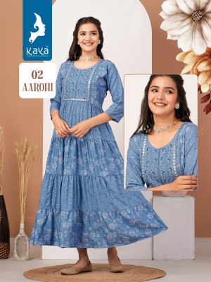 Aarohi by kaya reyon printed long triple layer kurti catalogue at low rate kurtis catalogs