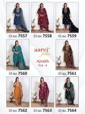 Aarvi Ajrakh Vol 4 Kurti Pant With Dupatta Collection Buy Wholesale  readymade suit catalogs
