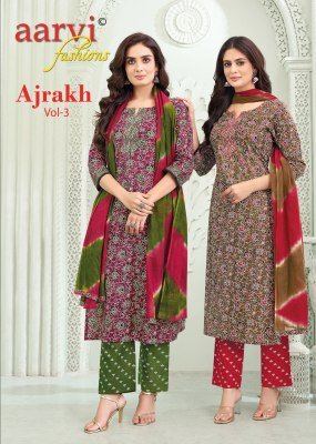 Aarvi Fashion Ajrakh Vol 3 Cotton Salwar Suit with Katha Handwork And Tie Dye Mul Dupatta Festive Collection Wholesale Aarvi fashion