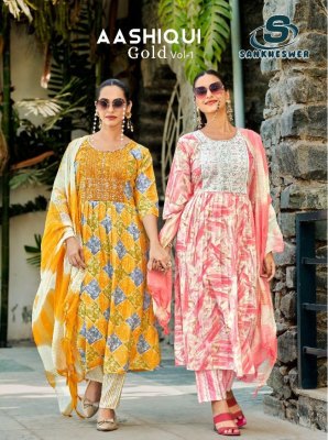 Aashiqui gold vol 1 by Sankheshwar Capsule printed neck work top pant and dupatta catalogue at affordable rate kurti pant with dupatta Catalogs