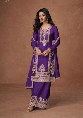 Aashirwad Creation Anupama Premium Chinnon Top Chinnon Silk Palazzo Suit And Chinnon Dupatta Wholesale kurtis catalogs