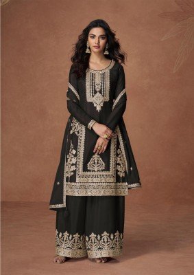 Aashirwad Creation Anupama Premium Chinnon Top Chinnon Silk Palazzo Suit And Chinnon Dupatta Wholesale kurtis catalogs