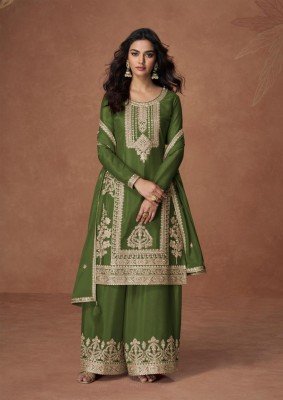 Aashirwad Creation Anupama Premium Chinnon Top Chinnon Silk Palazzo Suit And Chinnon Dupatta Wholesale kurtis catalogs