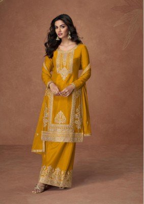 Aashirwad Creation Anupama Premium Chinnon Top Chinnon Silk Palazzo Suit And Chinnon Dupatta Wholesale kurtis catalogs