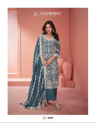 Aashirwad creation by Raabta organza silk embroidered unstitched suit catalogue salwar kameez catalogs