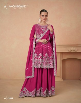 Aashirwad creation by aahana gold premium chinon silk fancy sharara suit catalogue at low rate readymade suit catalogs